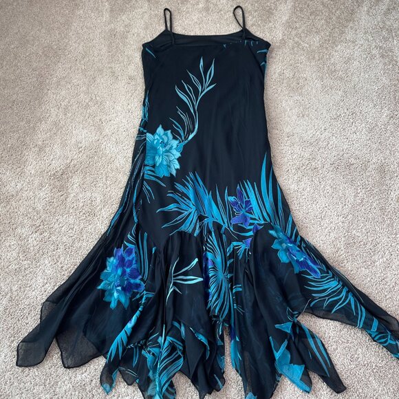 Eva Blue Dress Womens M Blue Floral Tropical Beaded Midi Y2K Whimsygoth Fairy - Picture 11 of 12